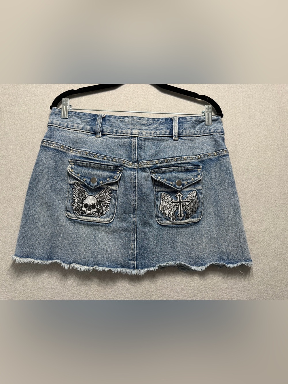 Y2K Social Collision Mini Skirt Women’s Medium Denim Blue Angel Skull